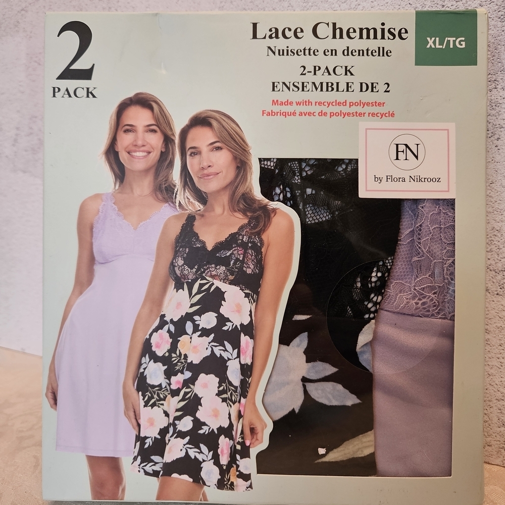 Flora Nikrooz Size M Mauve and Black Floral 2 Pack of Lace Chemises